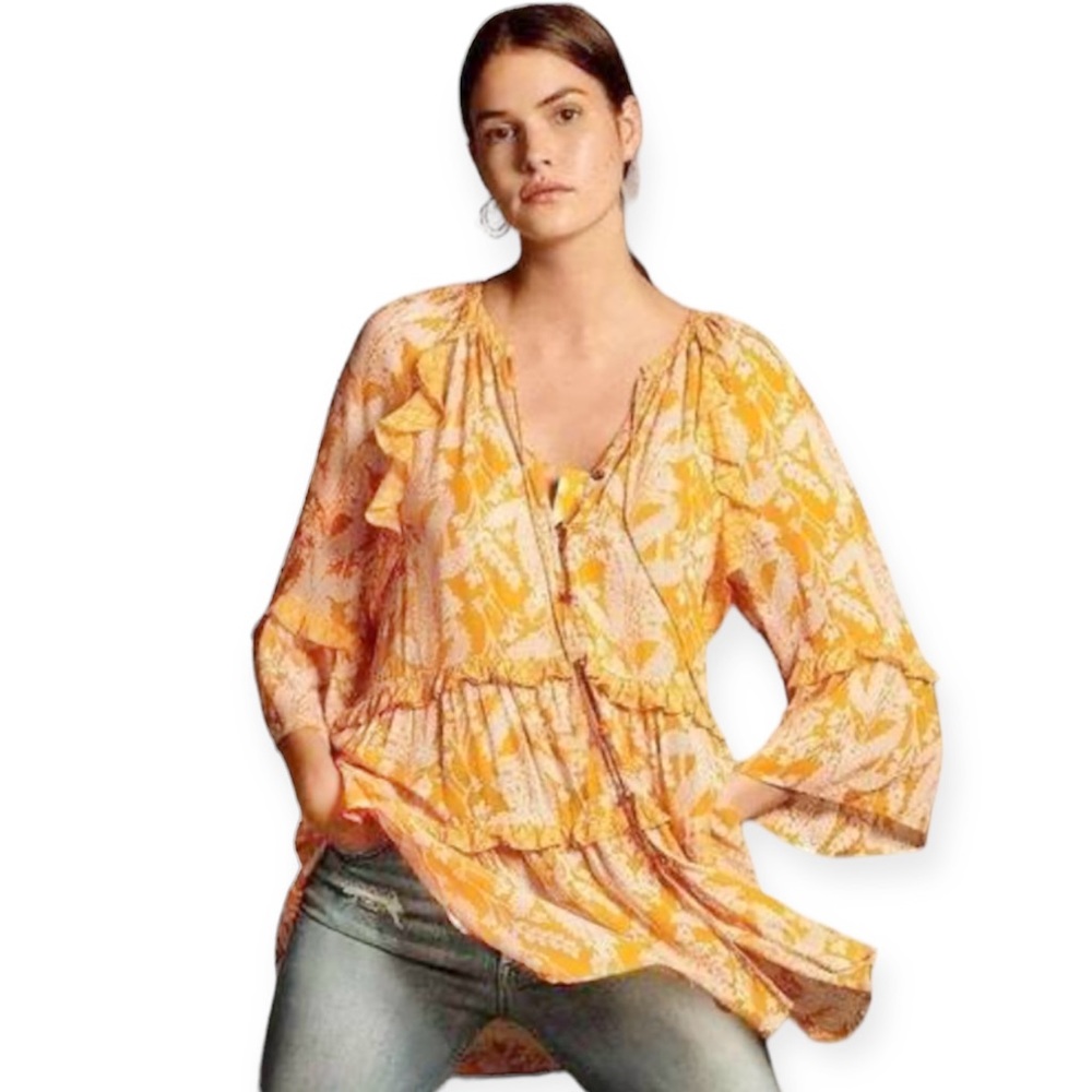 Anthropologie Mia Tiered 3/4 Sleeve Button Front Yellow Floral Ruffled Tunic Top
